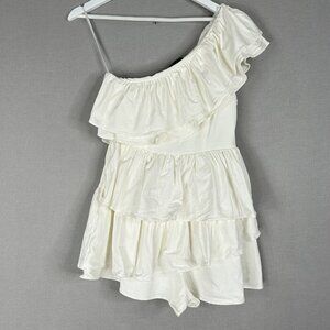 Do + Be Womens Romper Medium White One Shoulder Ruffle Dress Resortwear Bridal